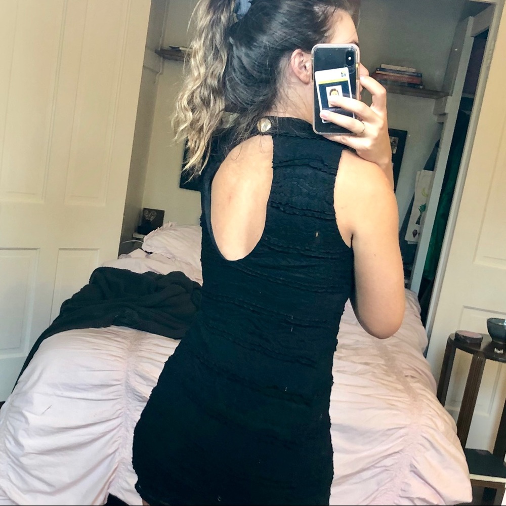 High neck black lace mini dress